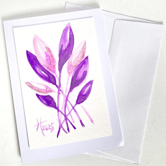 Art Funky Leaves Purple Original Watercolor Painting Handmade Greeting Card - Picture 5 of 5